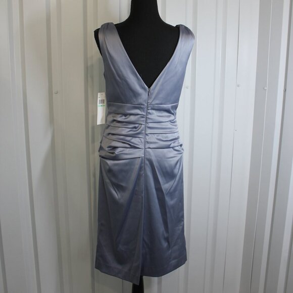 Suzi Chin Womens Silver Satin Stretch V Neck Ruched Waist Dress Size 8 NWT - Picture 2 of 9